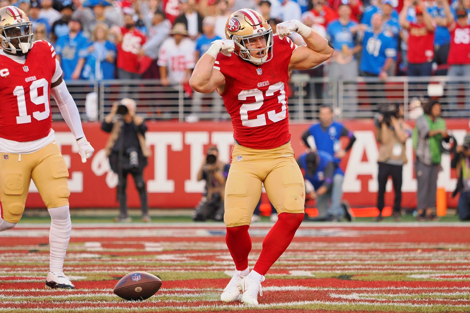 Jan 28, 2024; Santa Clara, California, USA; San Francisco 49ers running back Christian McCaffrey (23) celebrates after scoring a touchdown against the Detroit Lions during the first half of the NFC Championship football game at Levi's Stadium. Mandatory Credit: Kelley L Cox-USA TODAY Sports 